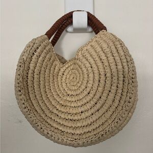 Woven Round Straw Tote Bag with Brown Handles - Natural